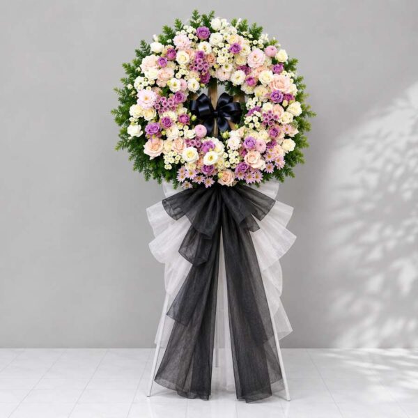 Kệ hoa thương tiếc 020 với vòng hoa chia buồn tông hồng kem phối tím sang trọng, kết hợp hoa hồng và hoa cúc tạo nên vẻ đẹp trang nhã, tinh tế.