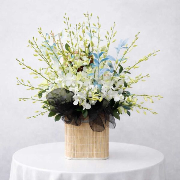 giỏ hoa viếng lan trắng sang trọng gửi lời chia buồn sâu sắc