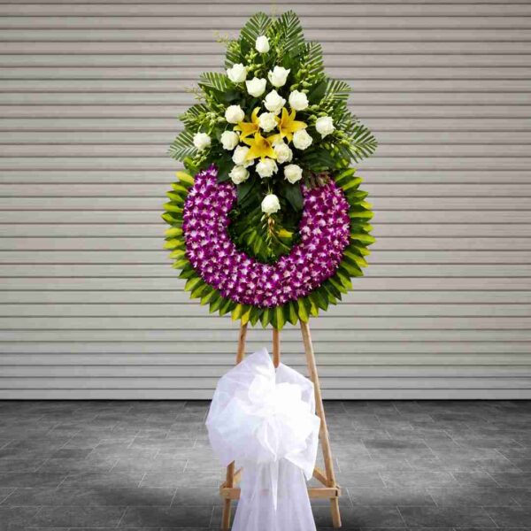Kệ chia buồn tím H03 hoa lan tím kết hợp hoa hồng trắng sang trọng