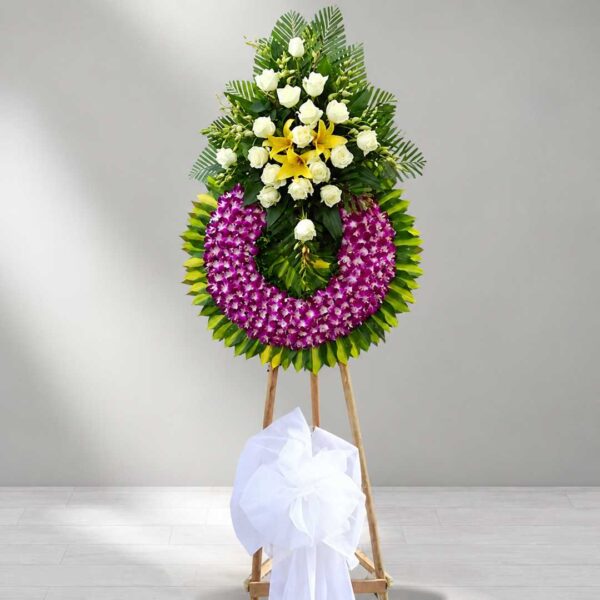 Kệ chia buồn tím H03 hoa lan tím kết hợp hoa hồng trắng sang trọng