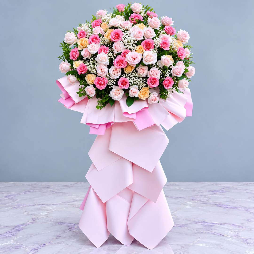 Kệ Hoa Hồng Phú Quý Cát Tường 613 1 Kệ hoa hồng phú quý cát tường màu hồng pastel kết hợp hoa hồng kem và hoa baby trắng