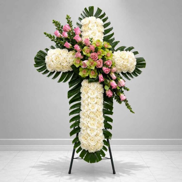 Kệ hoa chia buồn 271 – Thánh giá hoa hồng trắng kết hợp hoa hồng phấn và lan xanh sang trọng, thể hiện lòng tiếc thương, sự kính trọng và lời cầu nguyện bình an dành cho người đã khuất.