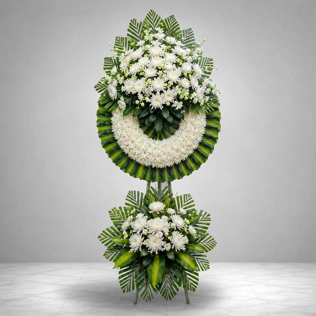 Kệ hoa chia buồn 354 1 Kệ hoa chia buồn 354 tone trắng xanh sang trọng với vòng hoa cúc trắng và lá xanh nghệ thuật