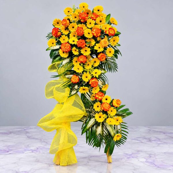 Shop hoa tươi Quân 8- Đặt điện hoa Quận 8 giá rẻ 48 Kệ hoa khai trương Nắng Vàng Thịnh Vượng với hoa đồng tiền vàng, hoa hồng cam và nơ vàng