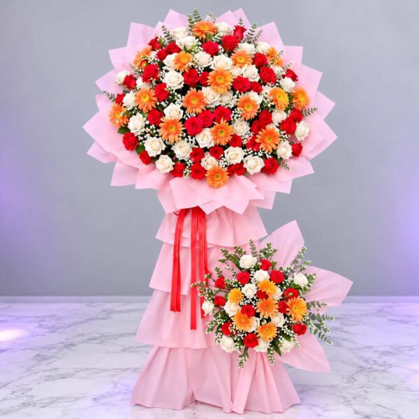 Shop hoa tươi Quân 8- Đặt điện hoa Quận 8 giá rẻ 38 Kệ hoa khai trương Vinh Hoa Phú Quý với hoa hồng đỏ, hoa hồng trắng và đồng tiền cam, thiết kế hai tầng sang trọng.