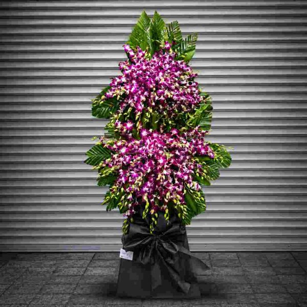 Kệ hoa chia buồn 509 nổi bật với sắc tím hồng của hoa lan dendro kết hợp lá xanh nhiệt đới, thiết kế hai tầng sang trọng thể hiện lòng thành kính và sự tiếc thương sâu sắc.