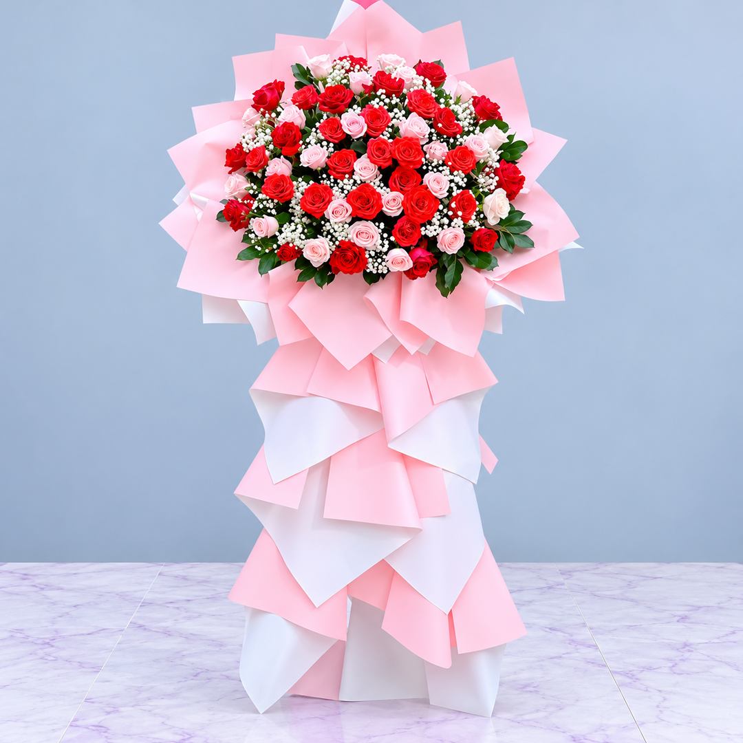 Kệ hoa Hồng Đỏ Hồng Phát 1022 1 Kệ hoa Hồng Đỏ Hồng Phát với hoa hồng đỏ, hồng phấn và baby trắng